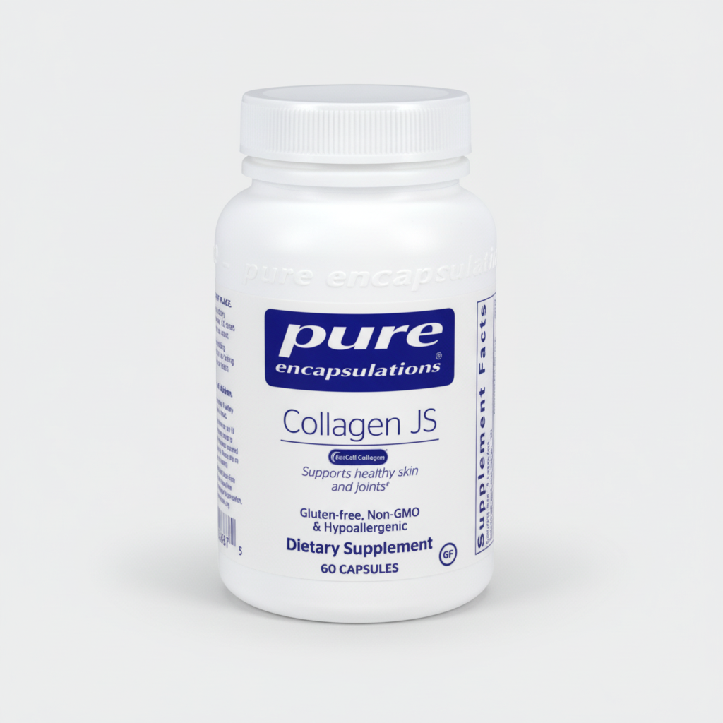 Supplement bottle labeled 'pure encapsulations Collagen JS' on a white background