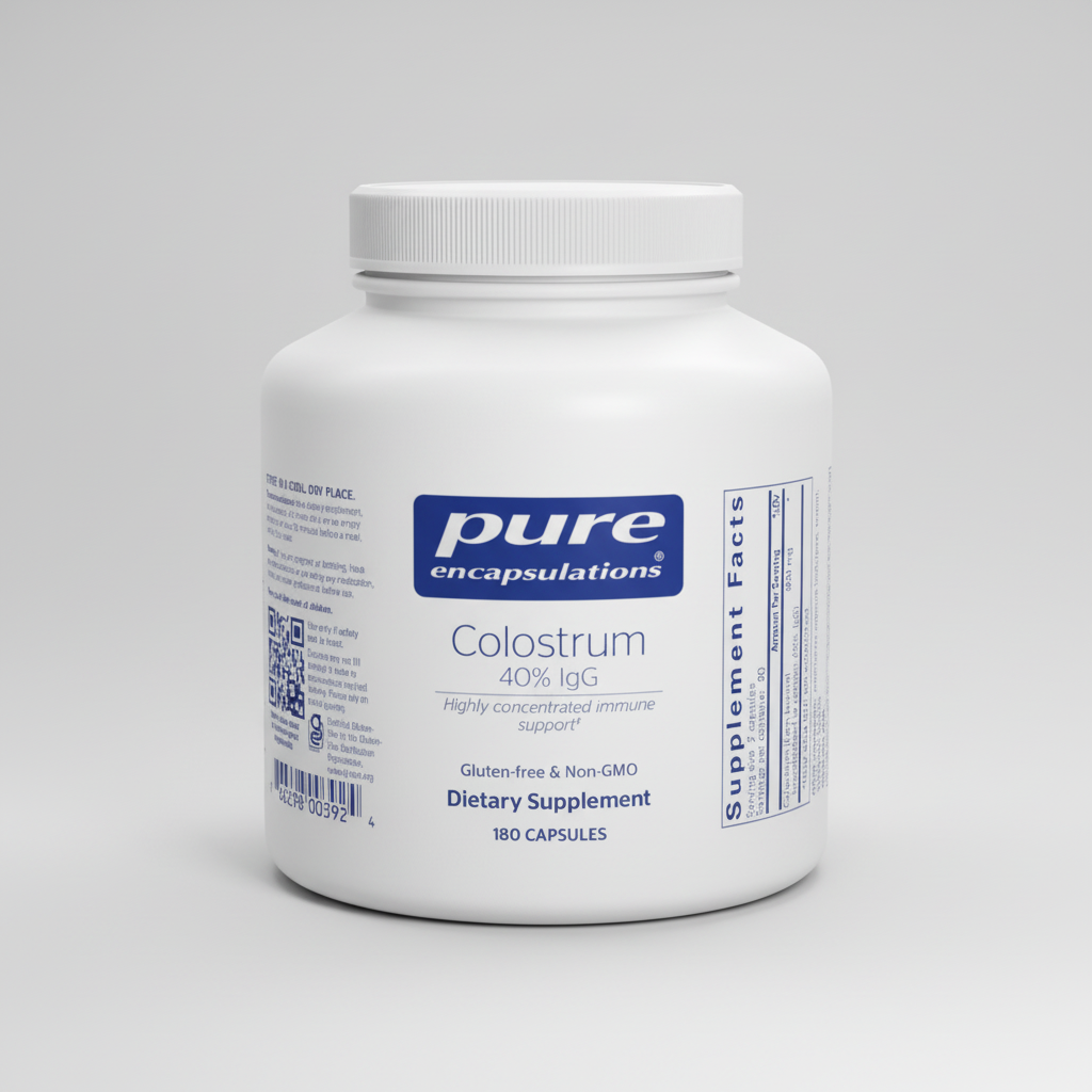 White supplement bottle labeled 'pure encapsulations Colostrum' on a white background