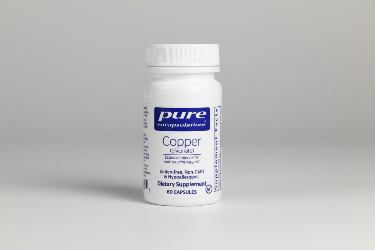 White supplement bottle labeled 'pure encapsulations Copper' on a white background