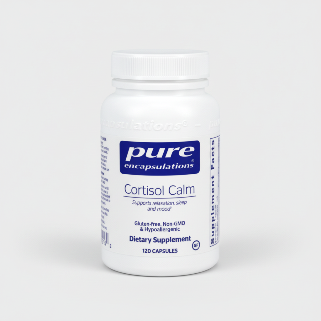 White supplement bottle labeled 'pure encapsulations Cortisol Calm' on a white background