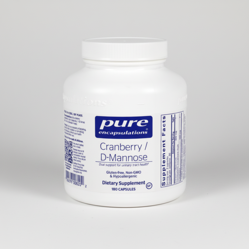 Supplement container labeled 'pure encapsulations Cranberry / D-Mannose' on a white background