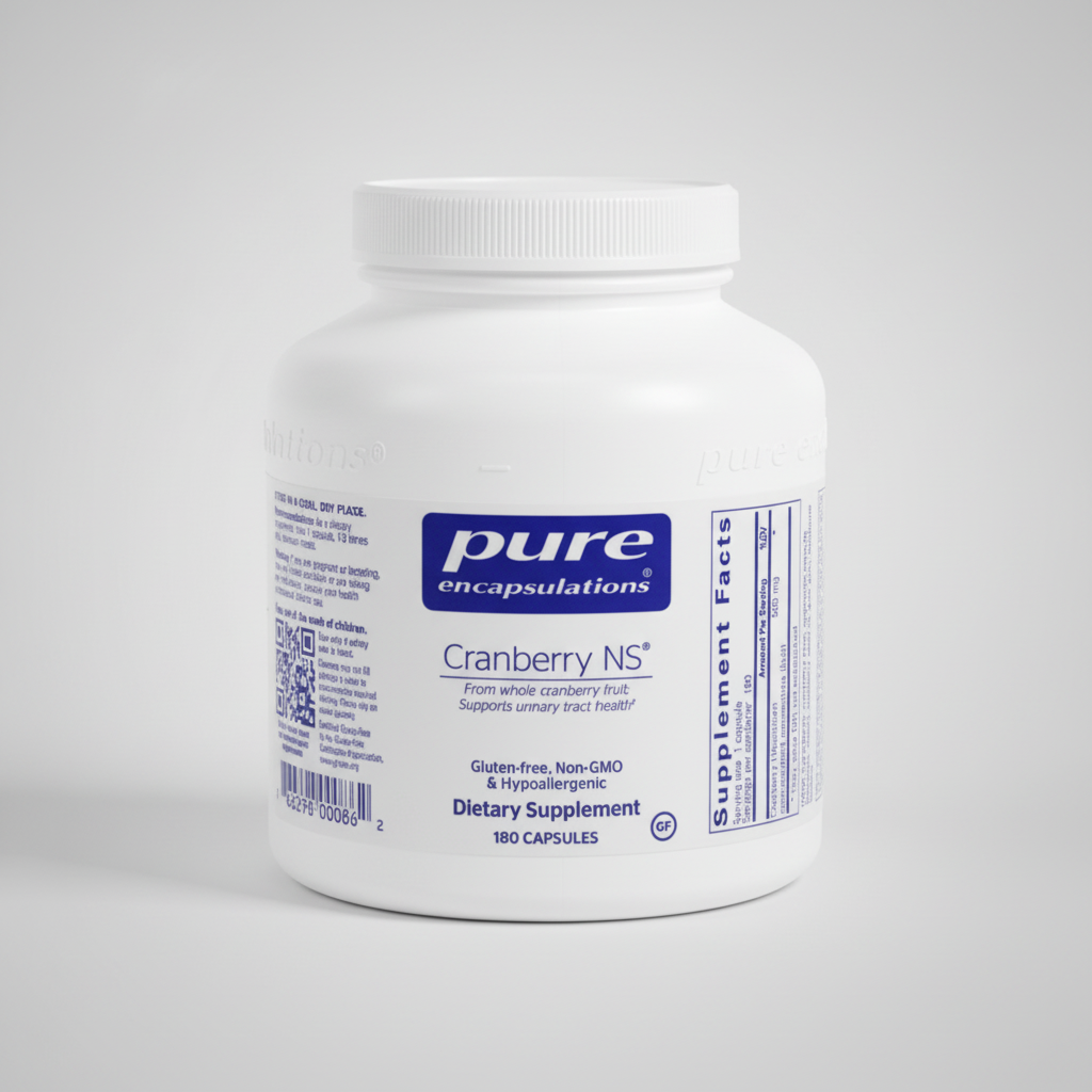 White supplement container labeled 'pure encapsulations Cranberry NS' on a white background