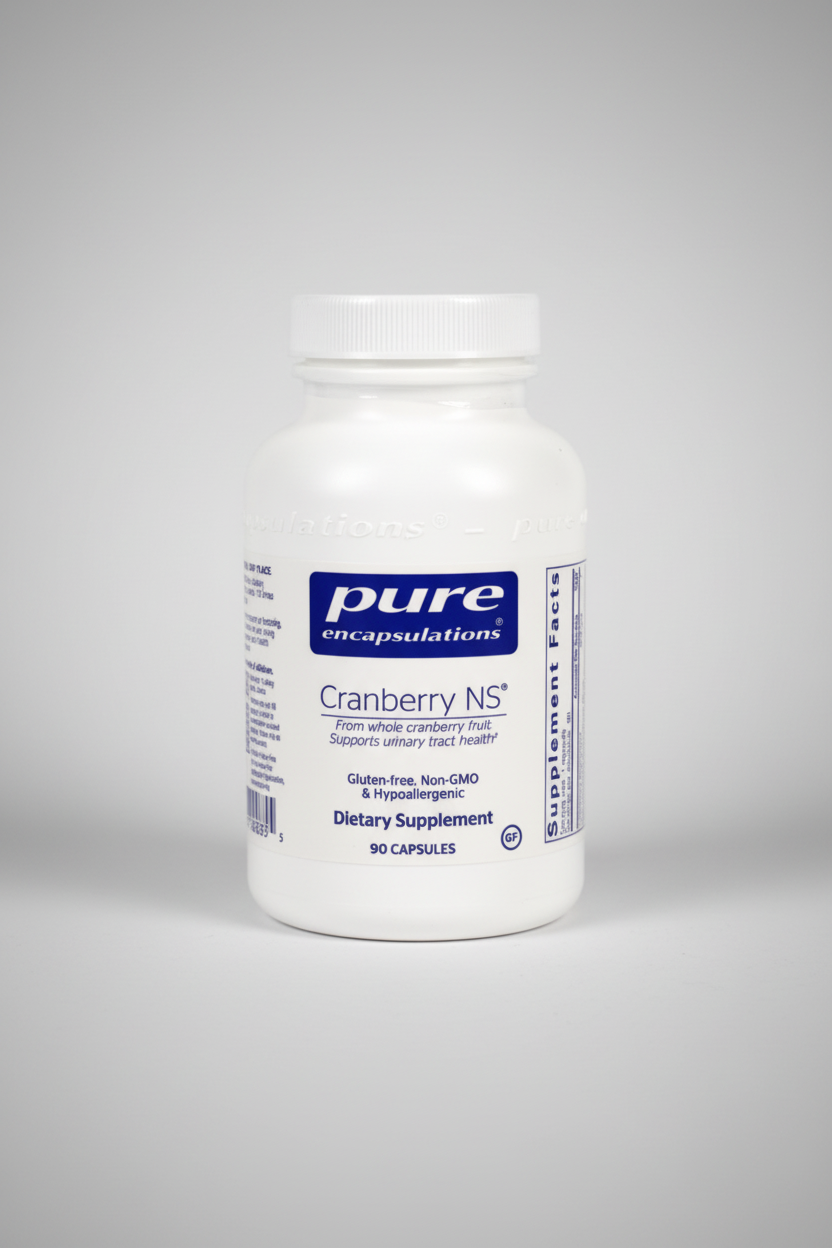 White supplement bottle labeled 'pure encapsulations Cranberry NS' on a white background