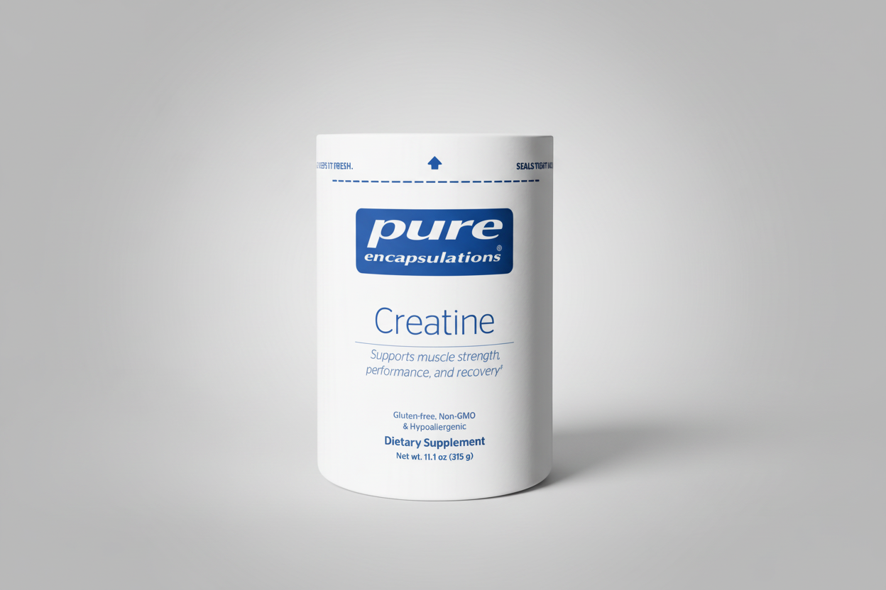 Container of pure encapsulations Creatine supplement on a white background