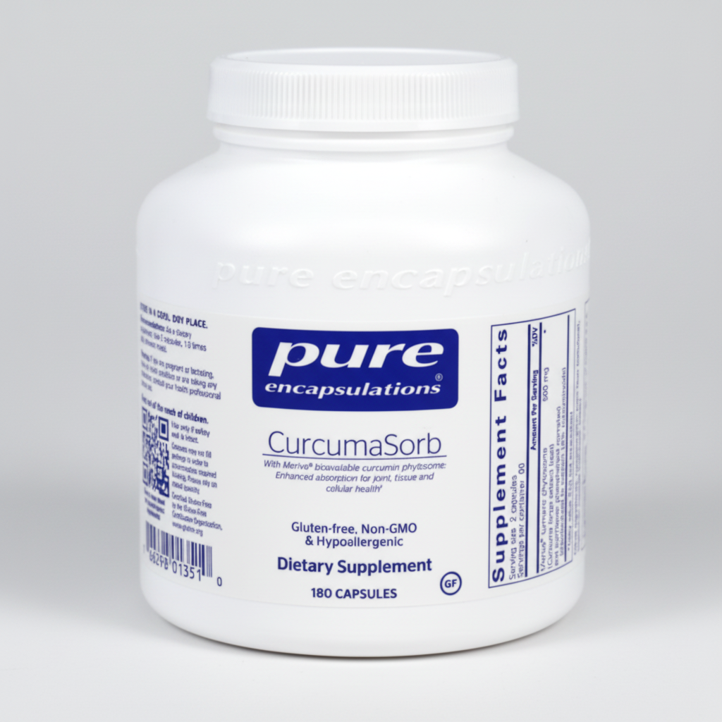 White supplement bottle labeled 'pure encapsulations CurumaSorb' on a white background