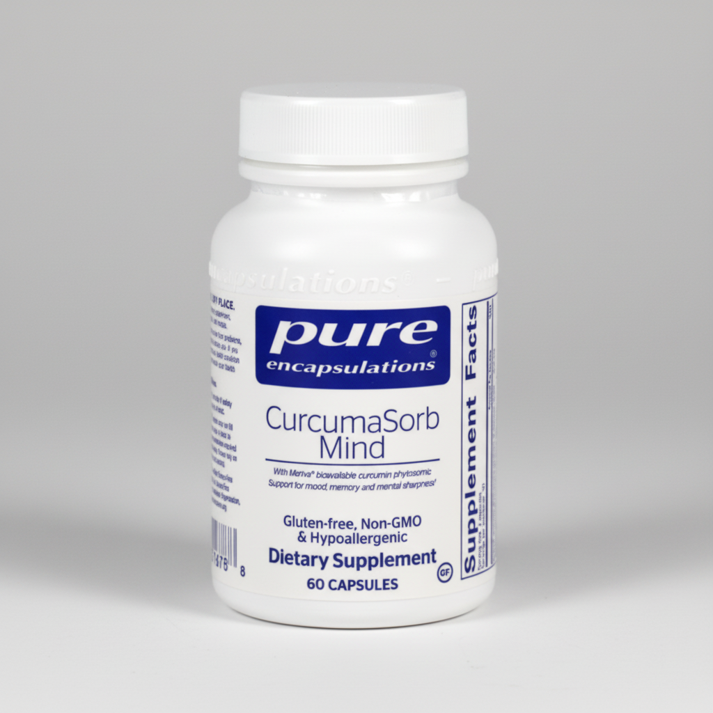 Supplement bottle labeled 'Curcumasorb Mind' by Pure Encapsulations on a white background