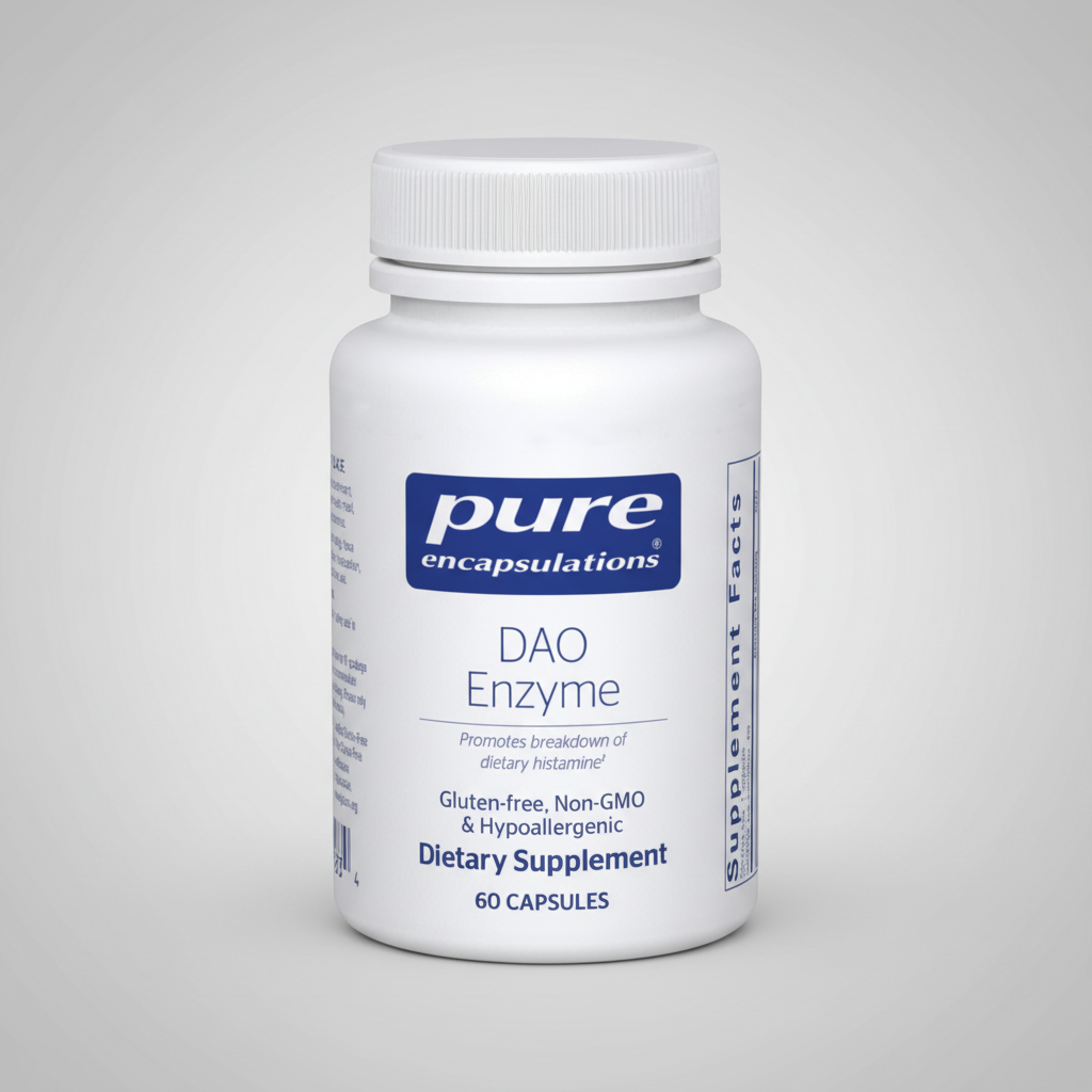 White supplement bottle labeled 'DAO Enzyme' by Pure Encapsulations on a white background