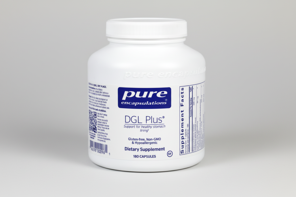 White supplement bottle labeled 'pure encapsulations DGL Plus' on a white background