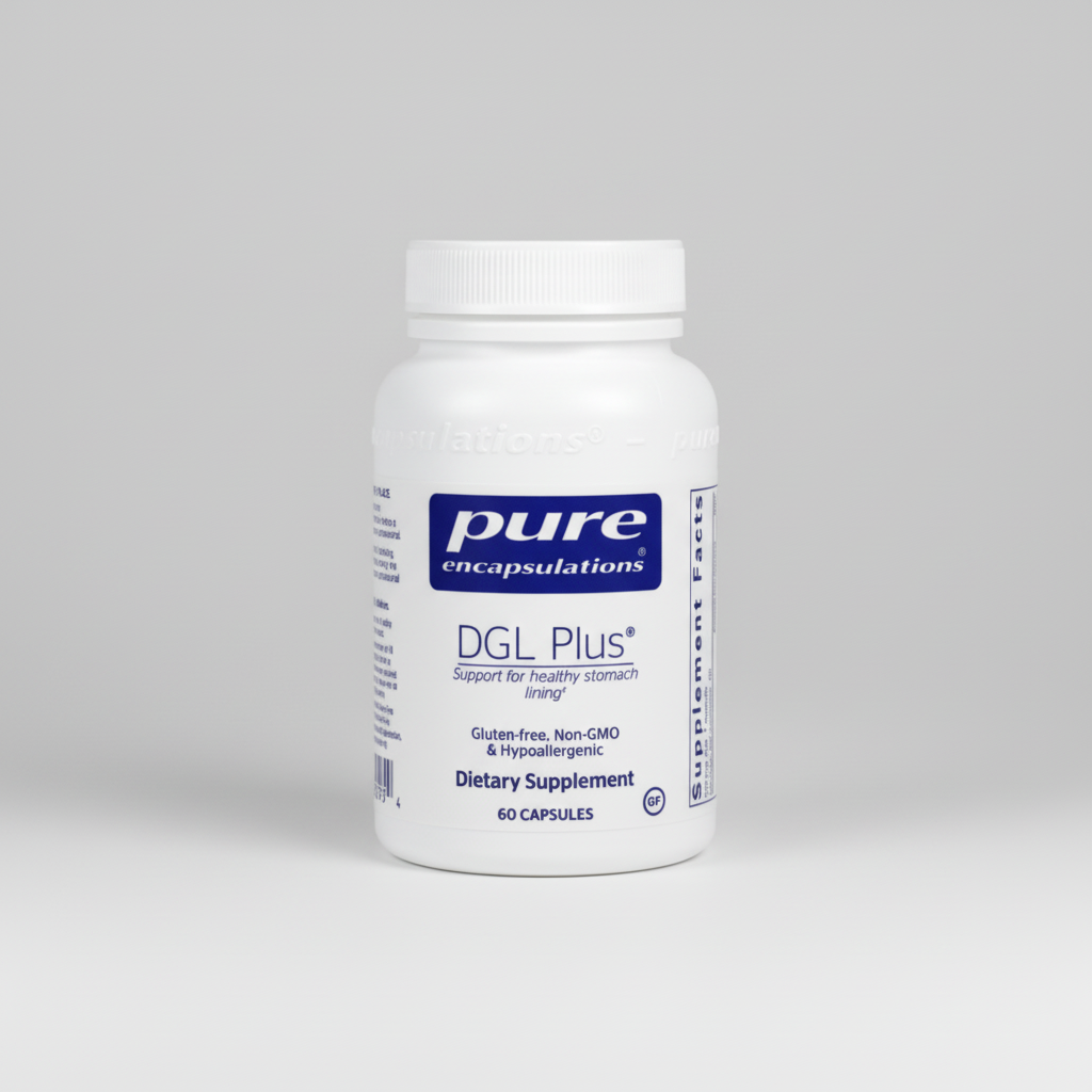 Supplement bottle labeled 'pure encapsulations DGL Plus' on a white background