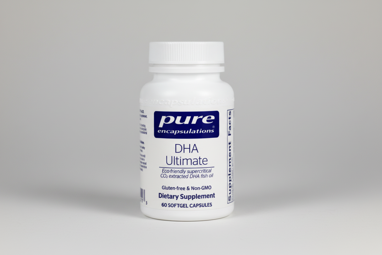 White supplement bottle labeled 'pure encapsulations DHA Ultimate' on a white background