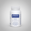 Supplement bottle labeled 'pure encapsulations DHEA 10 mg' on a white background
