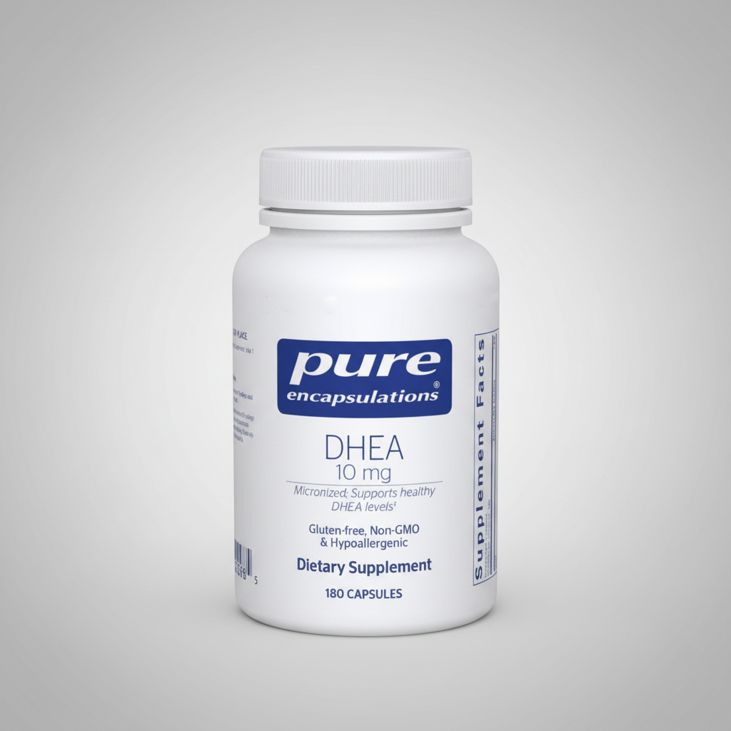 Supplement bottle labeled 'pure encapsulations DHEA 10 mg' on a white background
