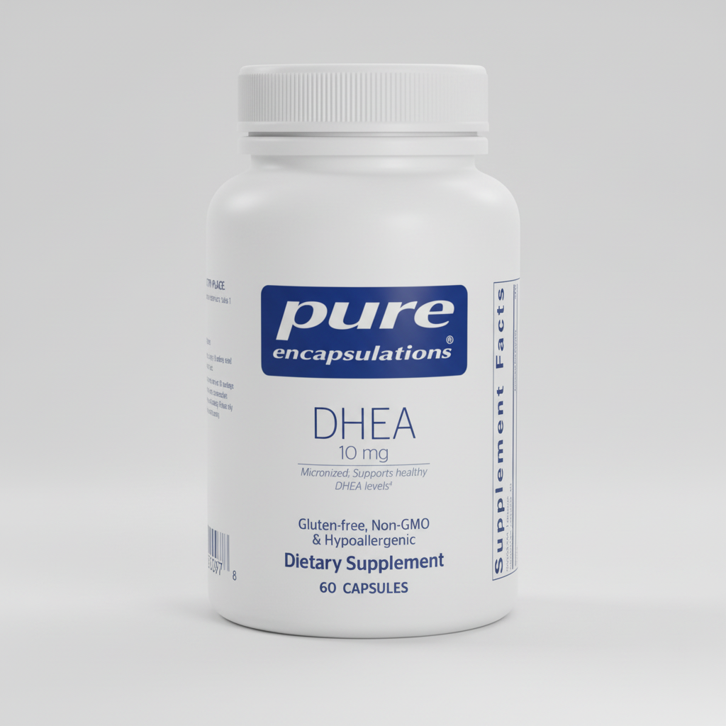 Supplement bottle labeled 'pure encapsulations DHEA 10 mg' on a white background