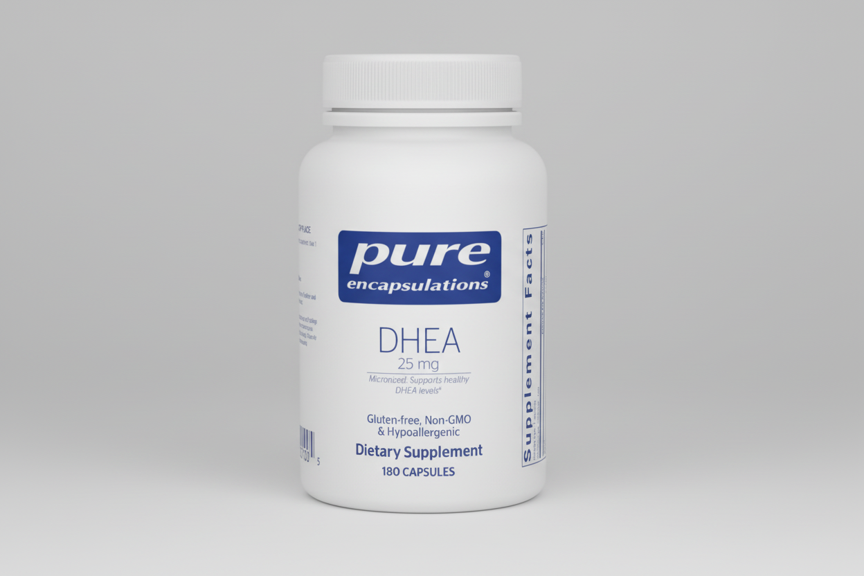 Supplement bottle labeled 'pure encapsulations DHEA 25 mg' on a white background