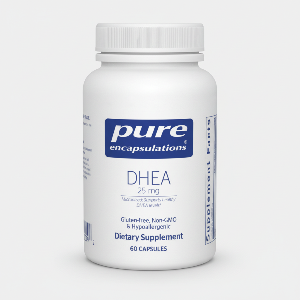 Supplement bottle labeled 'pure encapsulations DHEA 25 mg' on a white background