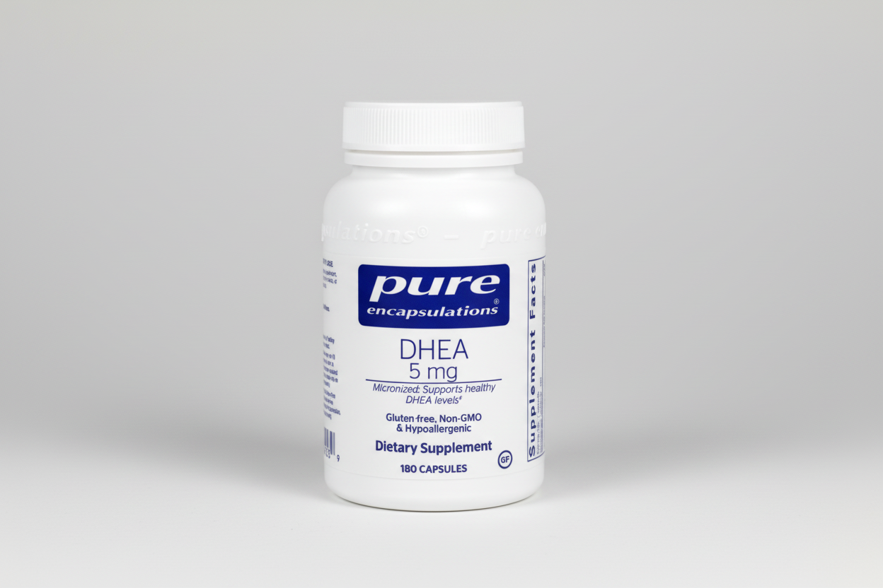 Supplement bottle labeled 'pure encapsulations DHEA 5 mg' on a white background