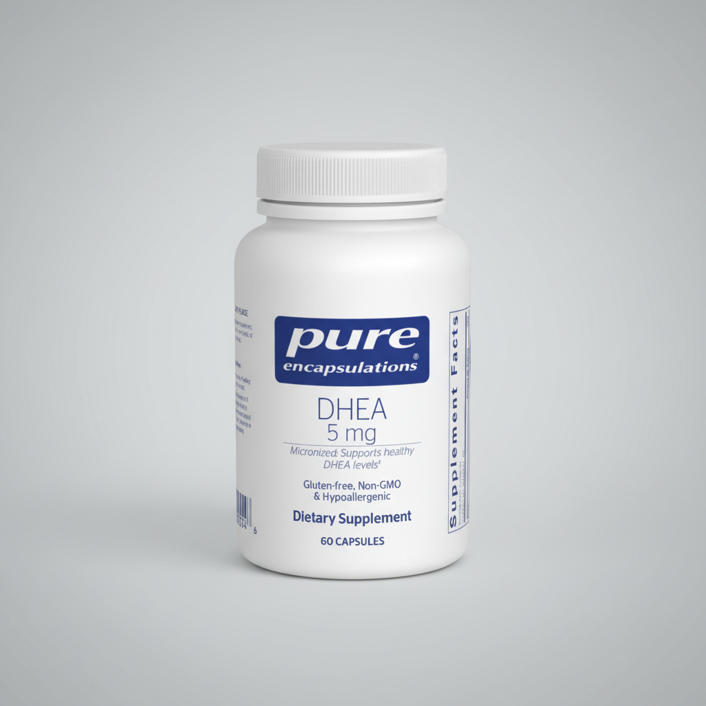 Supplement bottle labeled 'pure encapsulations DHEA 5 mg' on a white background