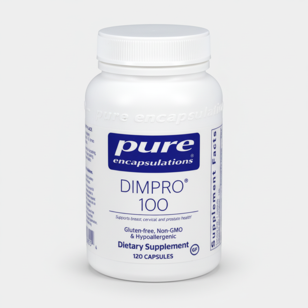 Supplement bottle labeled 'pure encapsulations DIMPRO 100' on a white background