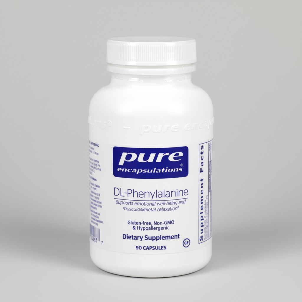 White supplement bottle labeled 'pure encapsulations' on a white background