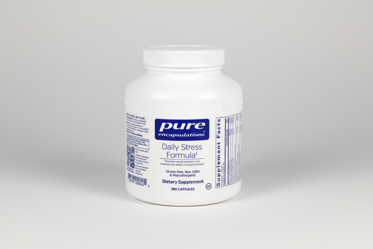 White supplement container labeled 'Daily Stress Formula' by Pure Encapsulations on a white background