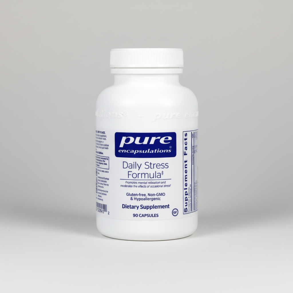 Supplement bottle labeled 'Daily Stress Formula' by pure encapsulations on a white background