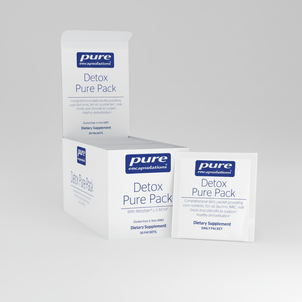 Three boxes of pure encapsulations Detox Pure Pack dietary supplement on a white background