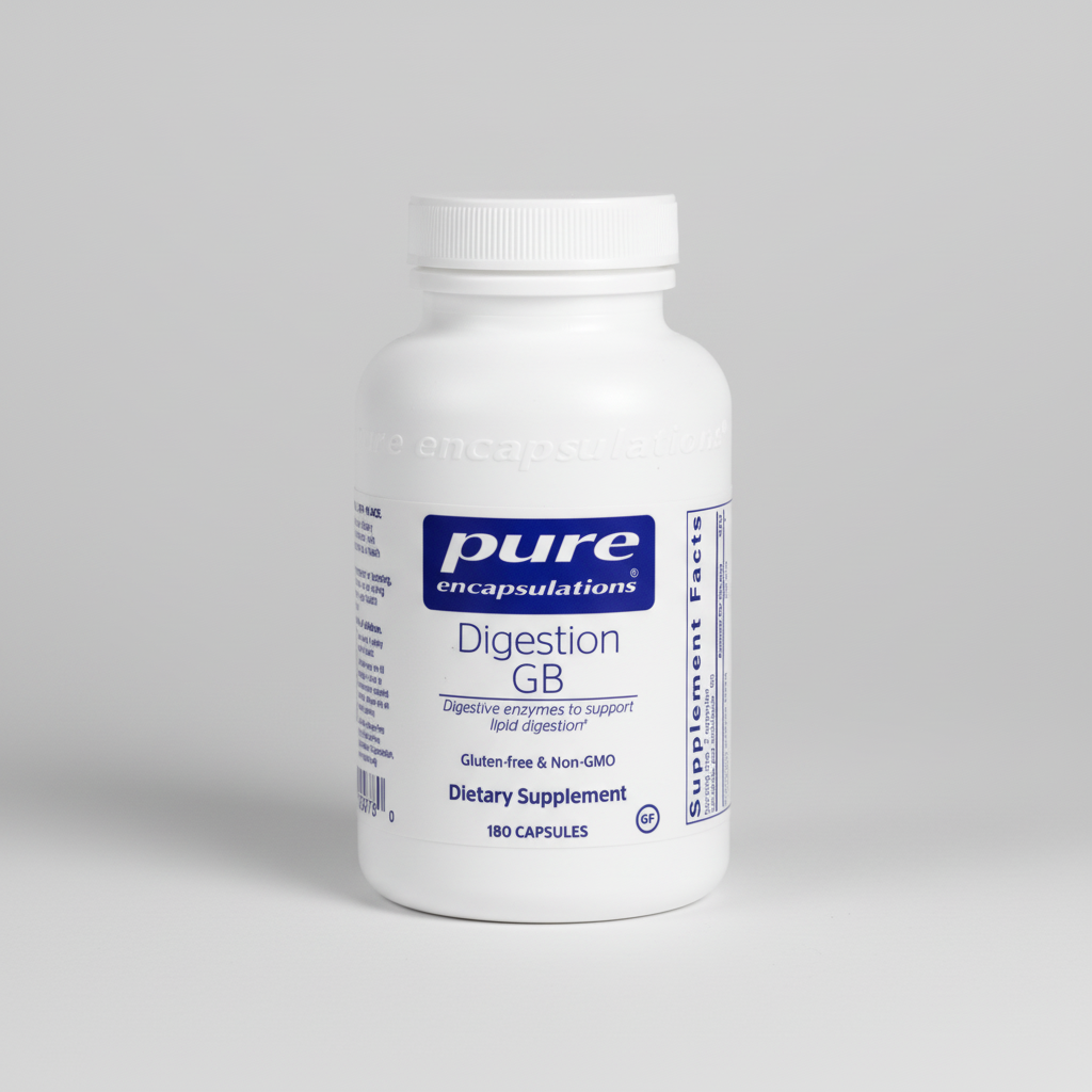 White supplement bottle labeled 'pure encapsulations Digestion GB' on a white background