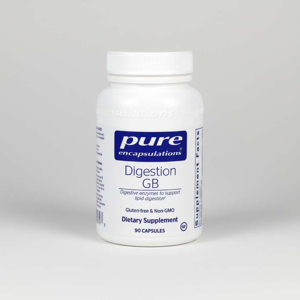 White supplement bottle labeled 'pure encapsulations Digestion GB' on a white background