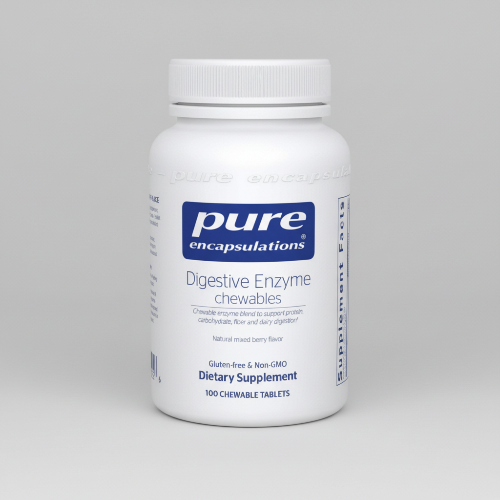 White bottle of Pure Encapsulations Digestive Enzyme chewables on a white background