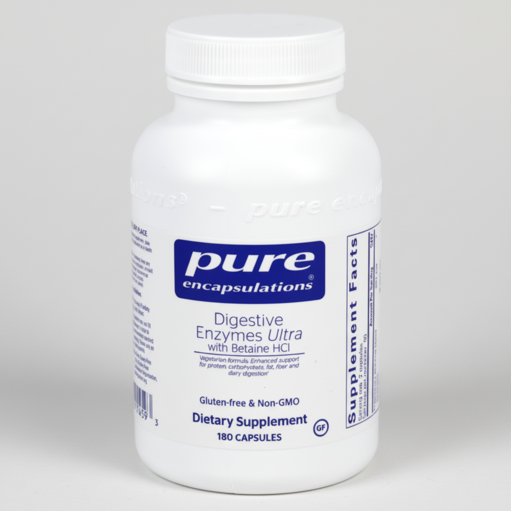 White supplement bottle labeled 'pure encapsulations' on a white background