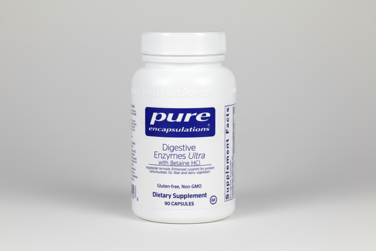 White supplement bottle labeled 'pure encapsulations' on a white background