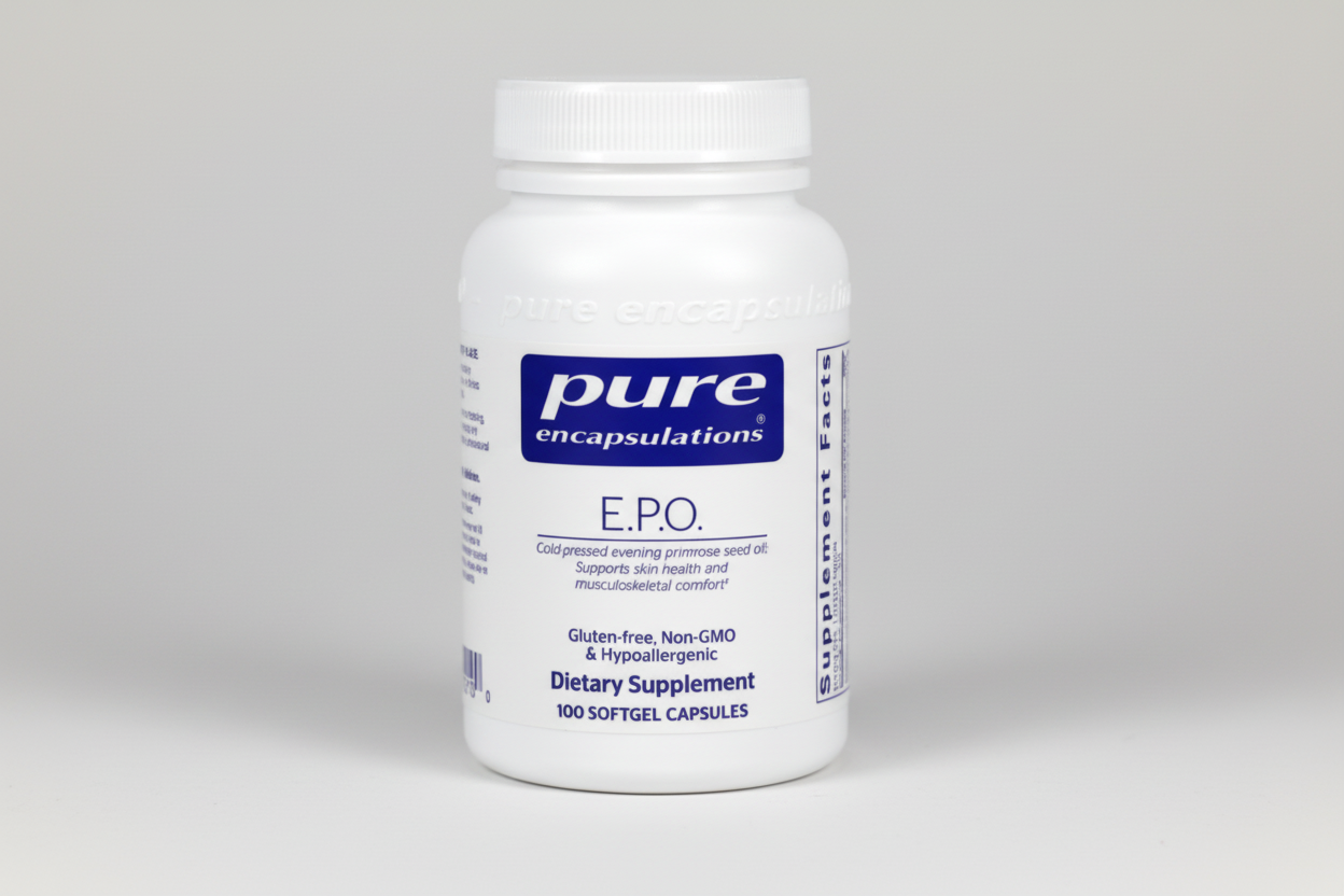 White supplement bottle labeled 'pure encapsulations E.P.O.' on a white background