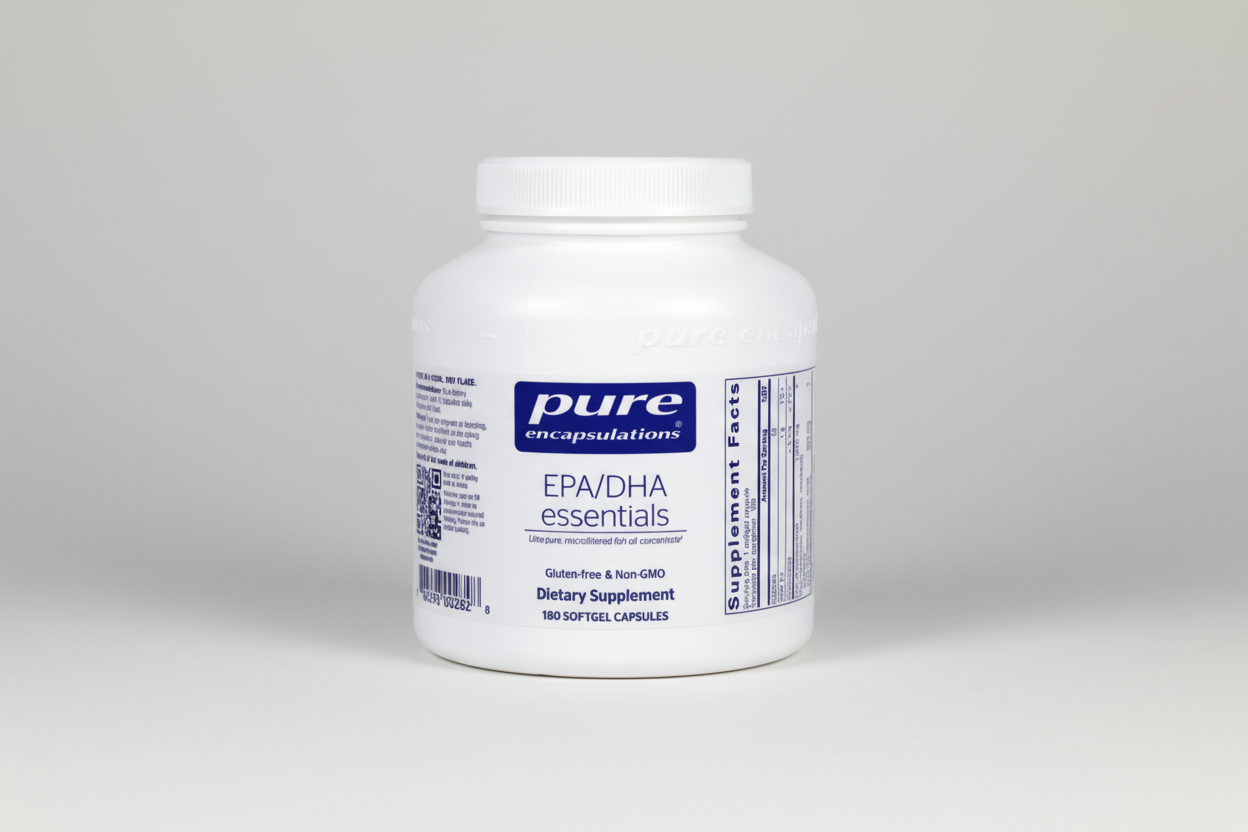 White supplement container labeled 'pure encapsulations EPA/DHA essentials' on a white background