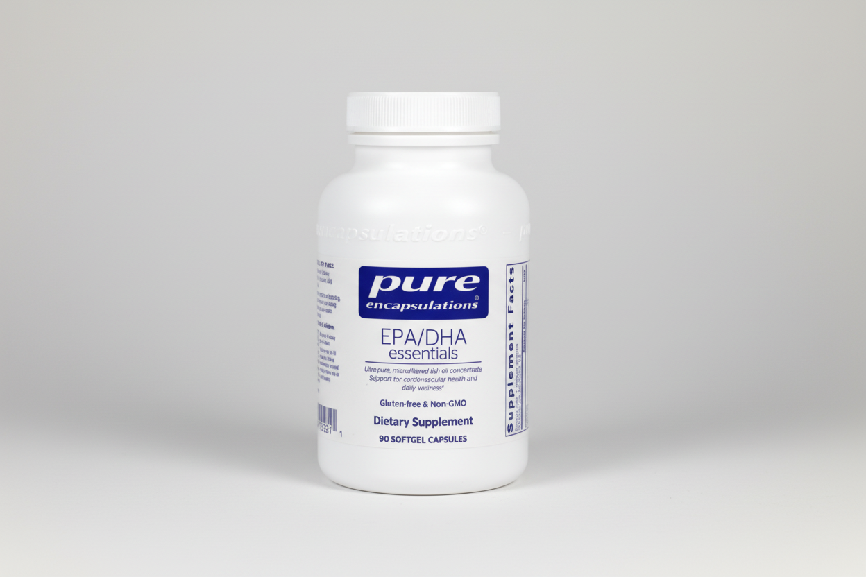 White supplement bottle labeled 'pure encapsulations EPA/DHA essentials' on a white background