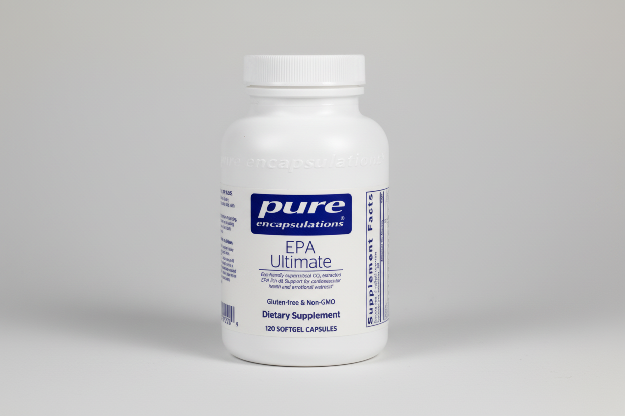 White supplement bottle labeled 'pure encapsulations EPA Ultimate' on a white background