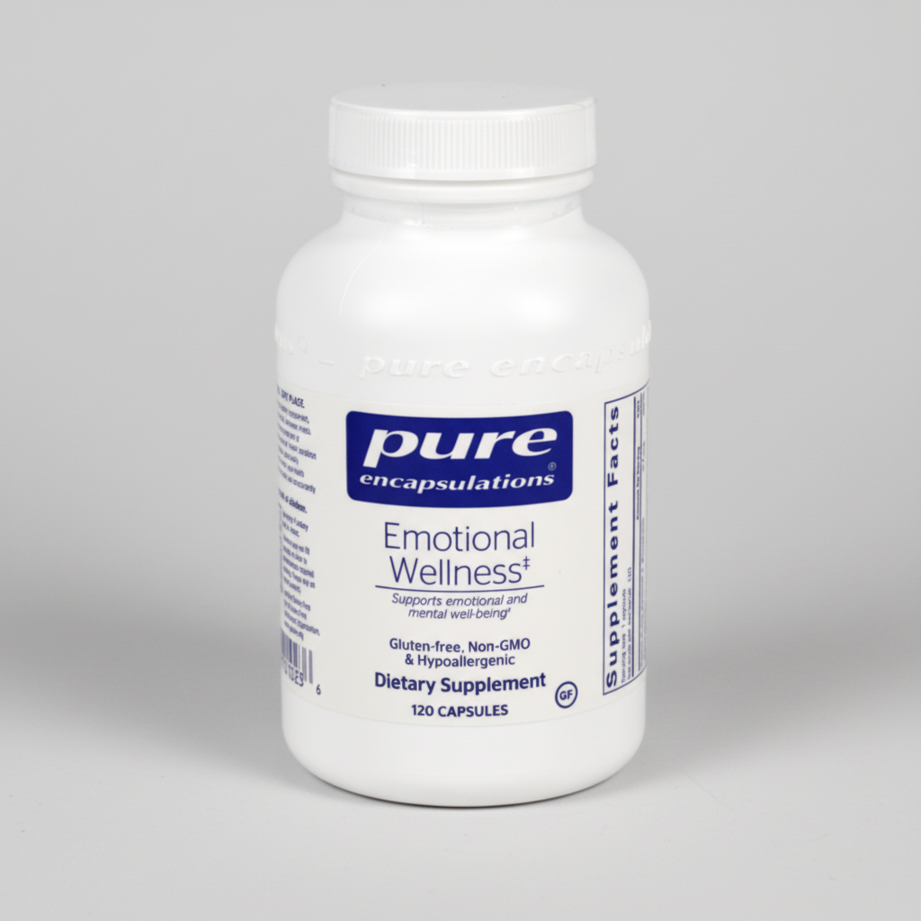 White supplement bottle labeled 'pure encapsulations Emotional Wellness' on a white background
