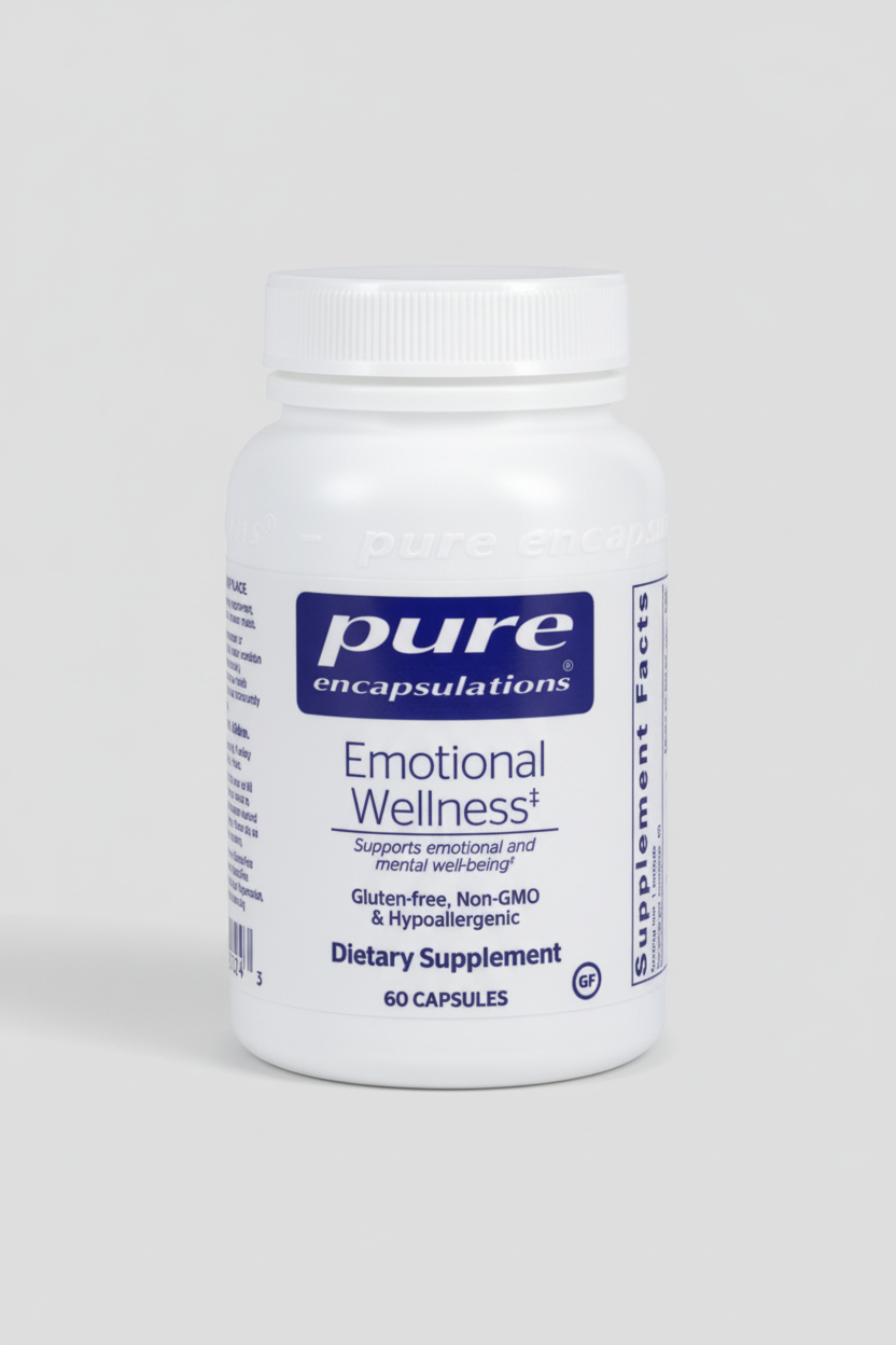 Supplement bottle labeled 'pure encapsulations Emotional Wellness' on a white background