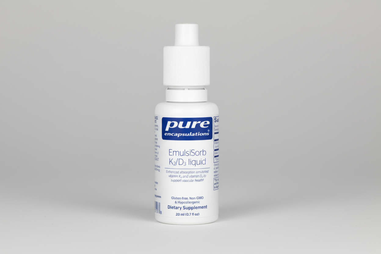 Bottle of pure encapsulations EmulsIsorb K2/D3 liquid on a white background