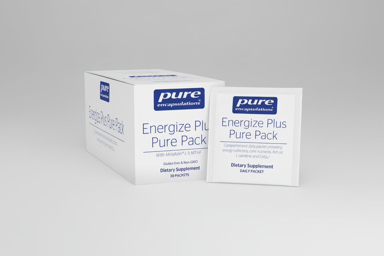 Box and packets of Pure Encapsulations Energize Plus Pure Pack dietary supplement on a white background