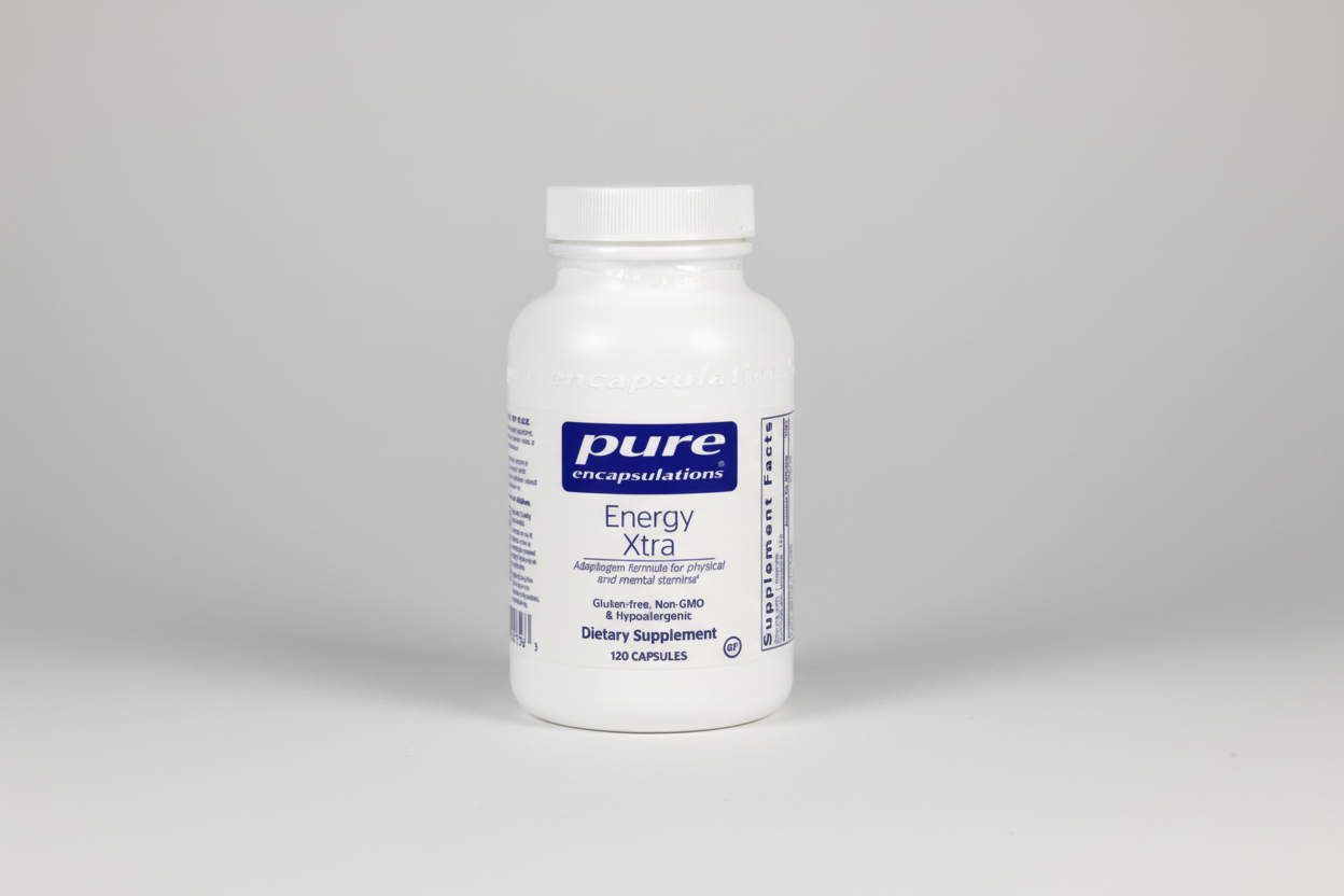 White supplement bottle labeled 'Energy Xtra' by Pure Encapsulations on a white background