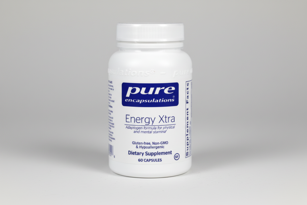 Supplement bottle labeled 'Energy Xtra' by pure encapsulations on a white background