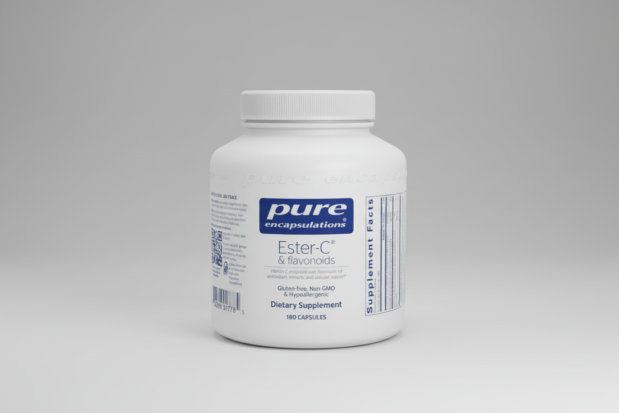 White supplement container labeled 'pure encapsulations Ester-C & flavoroids' on a white background
