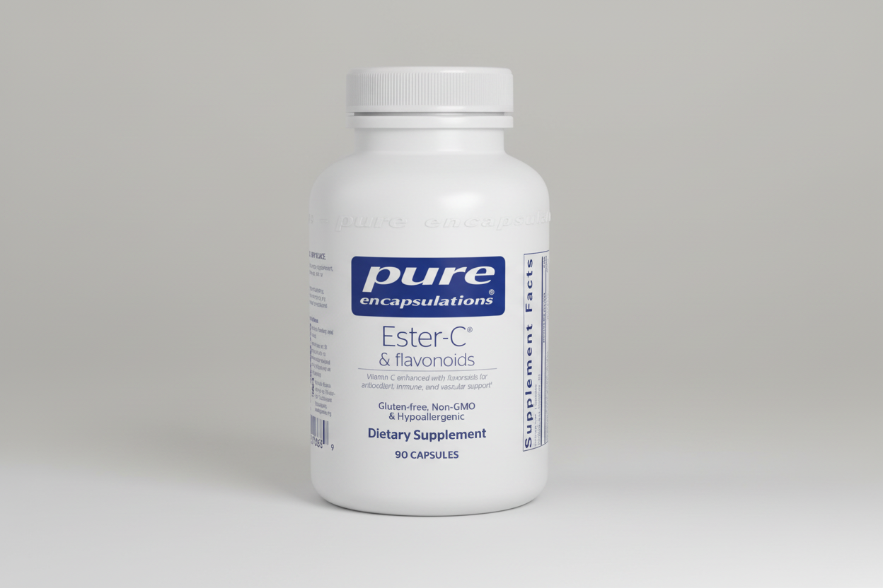 White supplement bottle labeled 'pure encapsulations Ester-C & flavonoids' on a white background