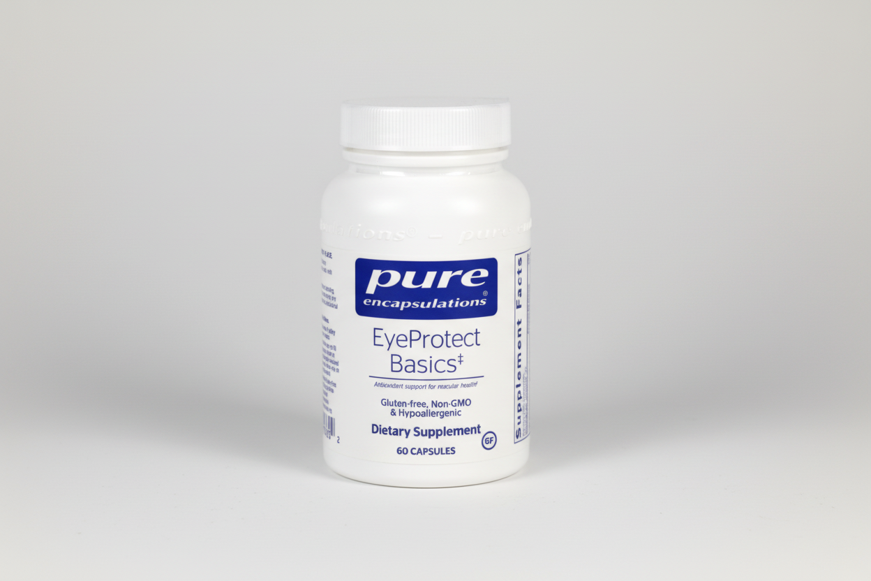 Supplement bottle labeled 'EyeProtect Basics' by pure encapsulations on a white background