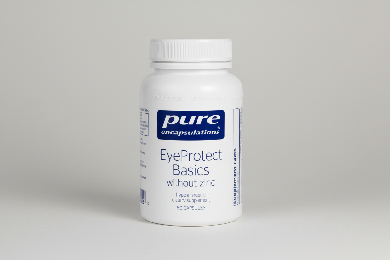 White bottle of pure encapsulations EyeProtect Basics supplement on a white background