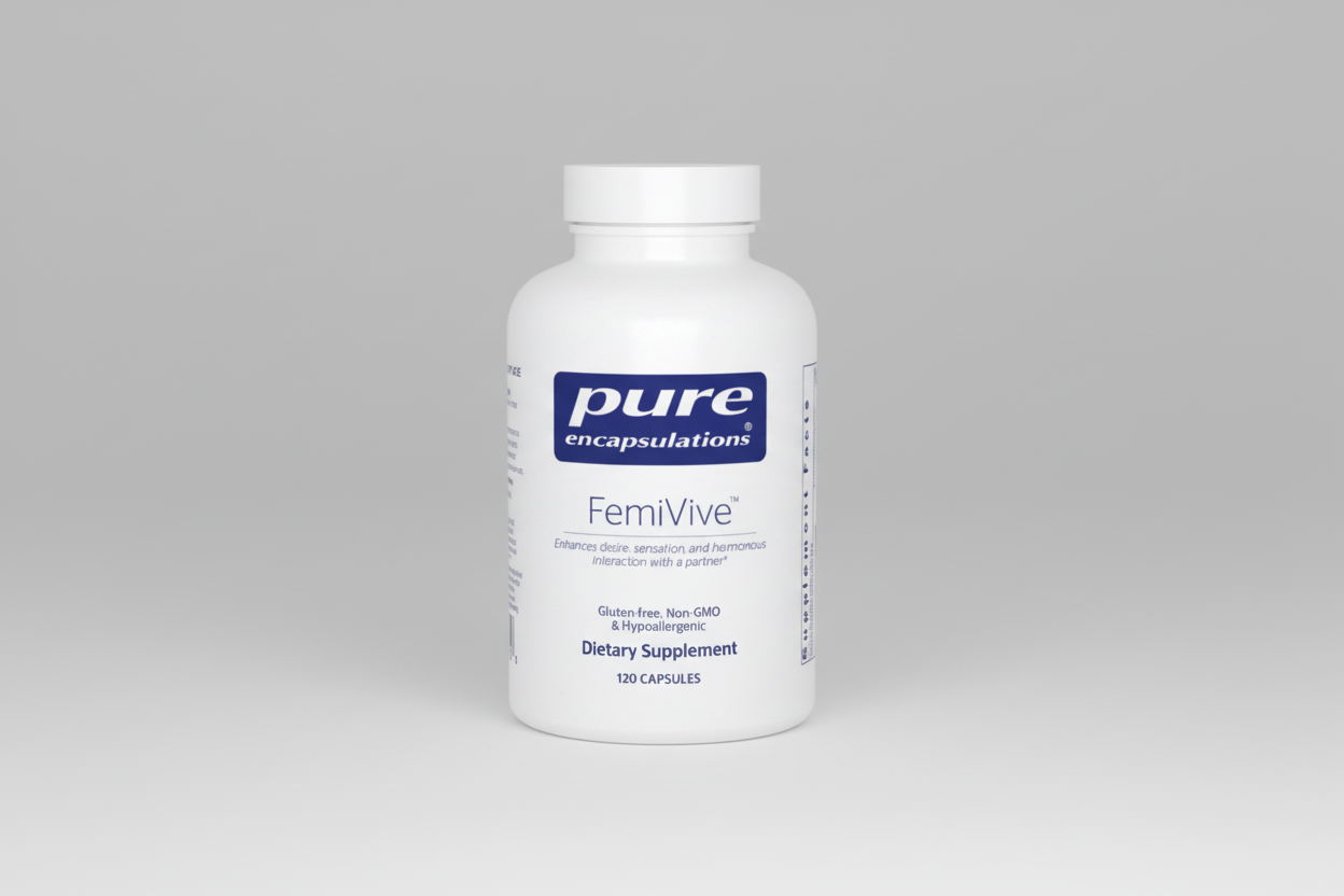Supplement bottle labeled 'pure encapsulations Femivive' on a white background