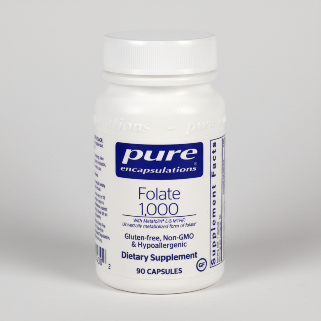 White supplement bottle labeled 'pure encapsulations' with 'Folate 1000' on a white background