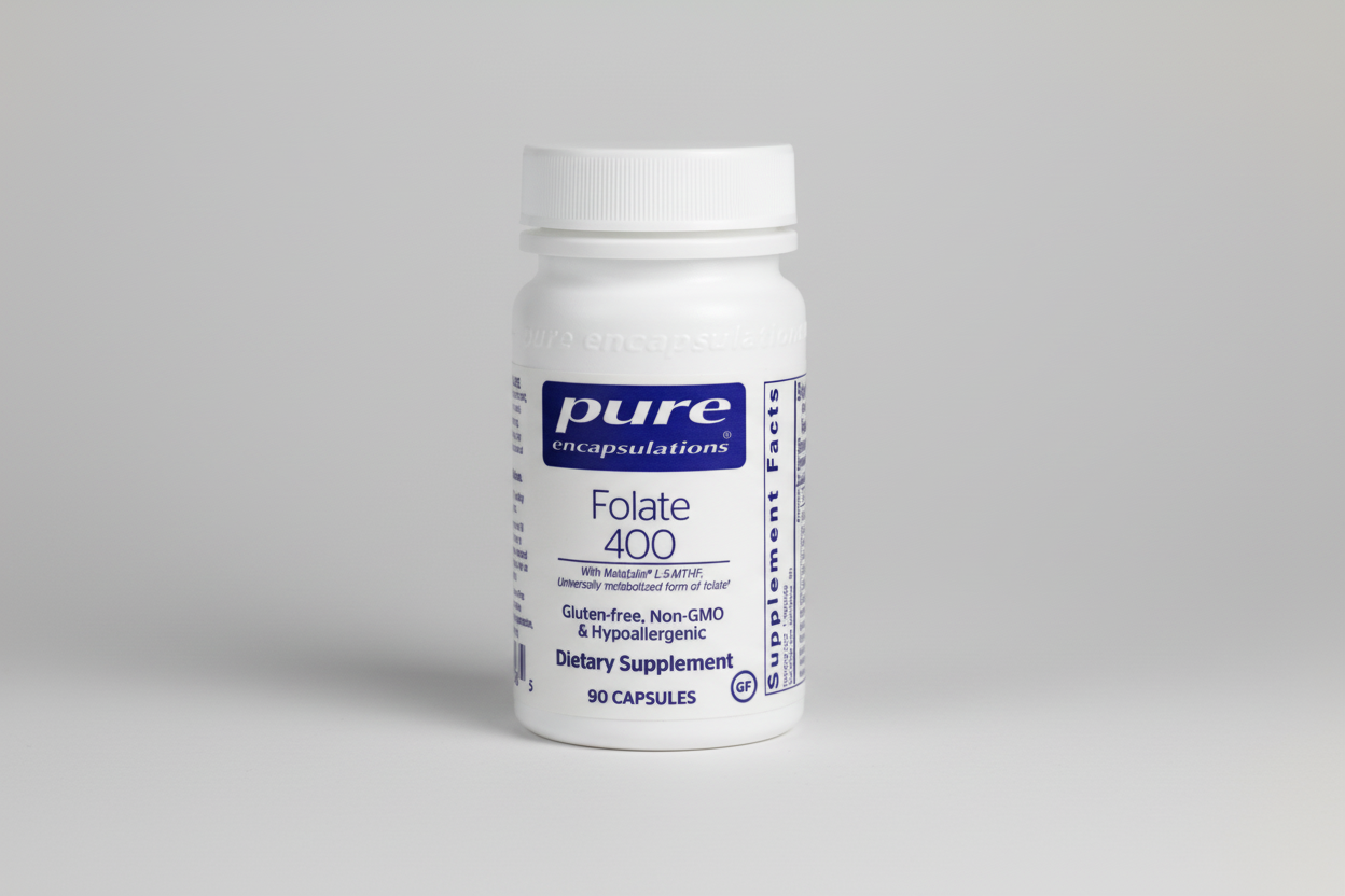 Supplement bottle labeled 'pure encapsulations' with 'Folate 400' on a white background