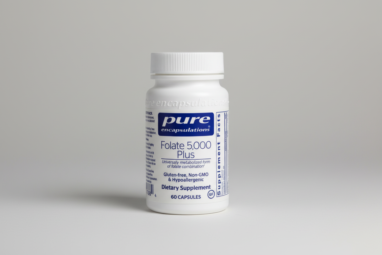 Supplement bottle labeled 'pure encapsulations Folate 5,000 Plus' on a white background