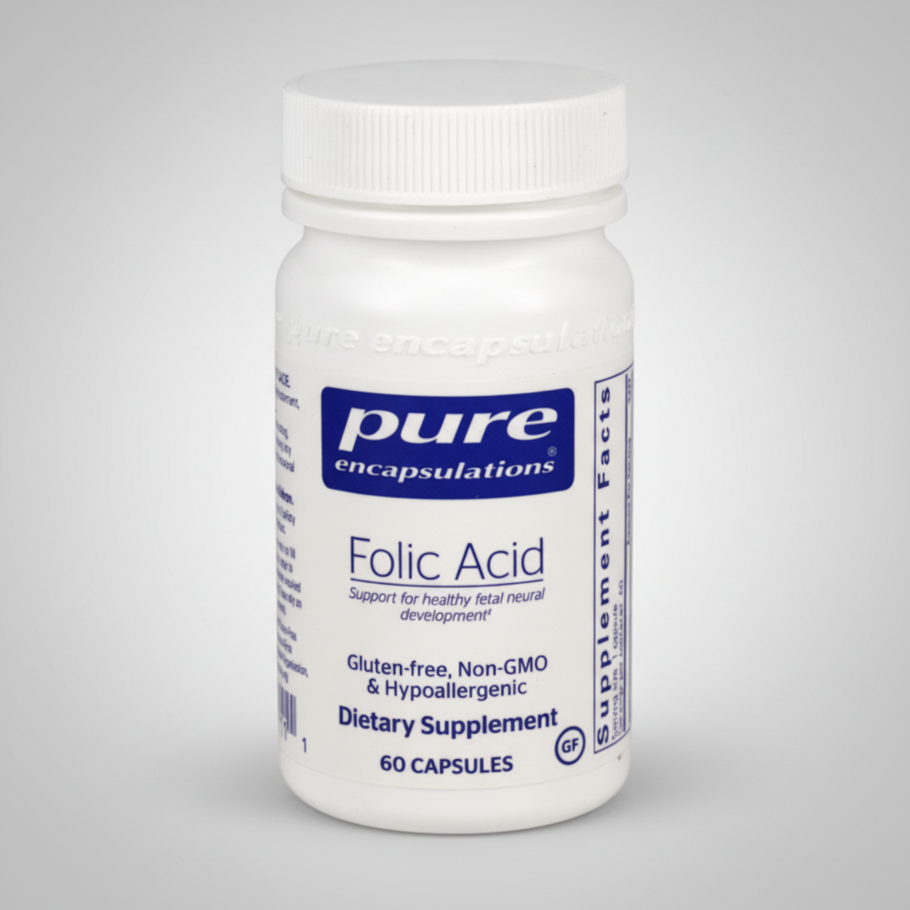 White supplement bottle labeled 'pure encapsulations Folic Acid' on a white background
